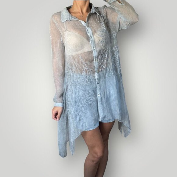 Ethereal Sheer Button Down Tunic Blouse Womens Embroidered Top Fairy Whimsigoth - Picture 1 of 12